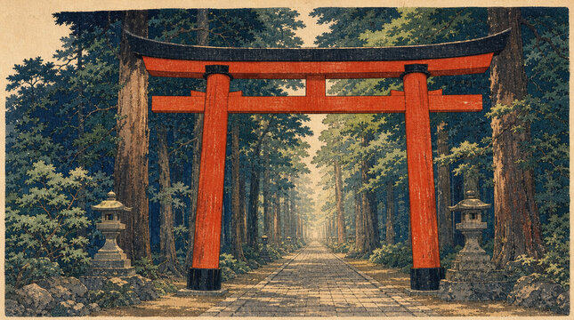 現代風ネオ浮世絵で描く朱色の鳥居と緑豊かな神社参道の幻想的な風景
Modern Neo Ukiyo-e Art of a Vermilion Torii Gate and Serene Japanese Shrine Pathway