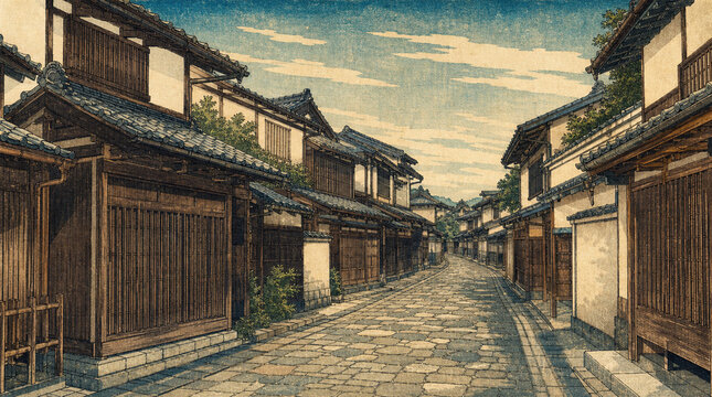 現代風ネオ浮世絵で描く京都の伝統的な木造町家と風情ある石畳の街並み
Modern Neo Ukiyo-e Art of Traditional Kyoto Machiya Townhouses and Historic Stone-Paved Streets