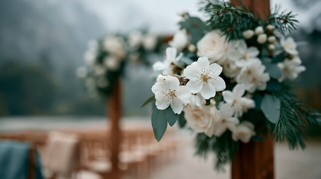 Delicate white blooms and pine branches adorn wooden archway