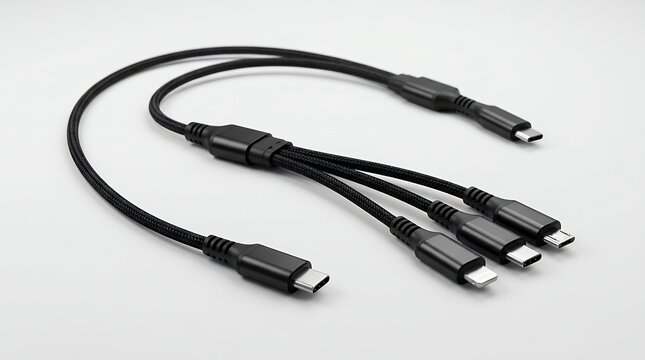 Universal fast charging and data transfer black connection cord with multi port plugs lying on clean minimal studio background for electronic devices synchronization accessories hardware equipment