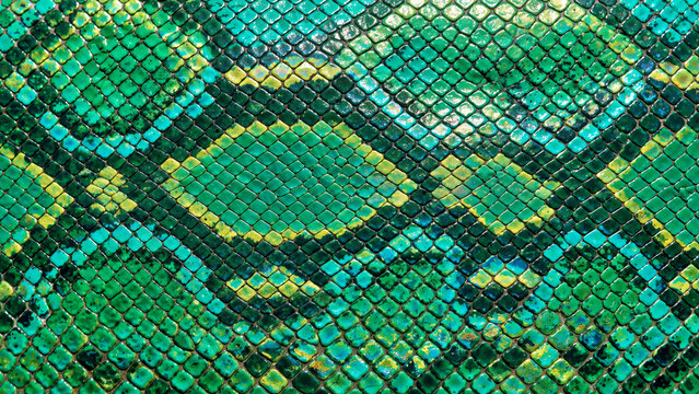 Close-Up Green and Turquoise Snakeskin Texture with Yellow Scales Pattern, Reptile Skin Leather Background for Exotic Fashion Design and Abstract Wallpaper