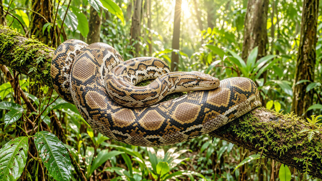 Large Burmese Python Snake Resting on a Mossy Tree Branch in a Lush Tropical Rainforest with Sunbeam Lighting