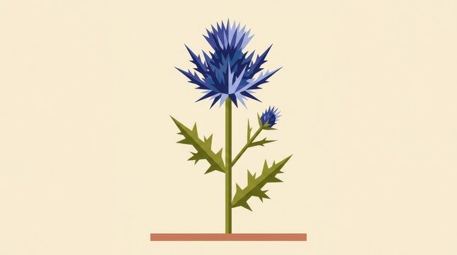 Blue cornflower illustration with spiky petals and green foliage