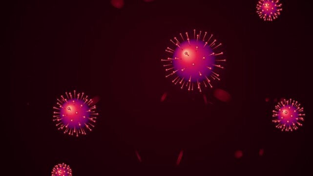 Microscopic coronavirus cells floating with blood platelets in abstract 3d video loop.