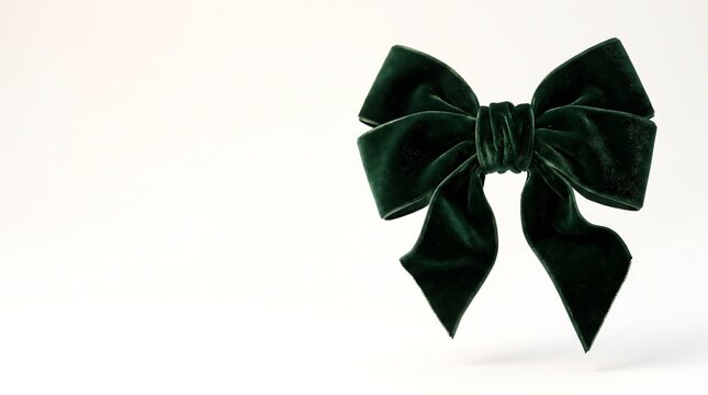 Elegant emerald green velvet bow tied gracefully against minimalist light background with negative space for festive holiday branding.