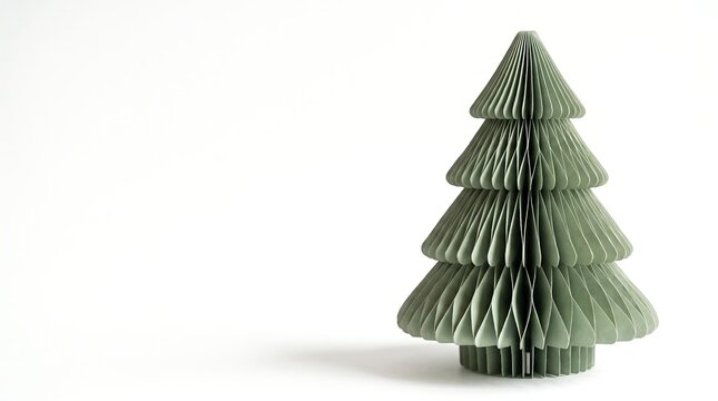 Elegant minimalist sage green paper Christmas tree ornament on clean white background with copy space