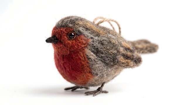 Charming handcrafted felted wool robin ornament with vibrant red breast isolated on white background