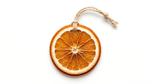 Rustic dried orange slice ornament with twine string on pure white background for festive Christmas craft and cozy seasonal decor