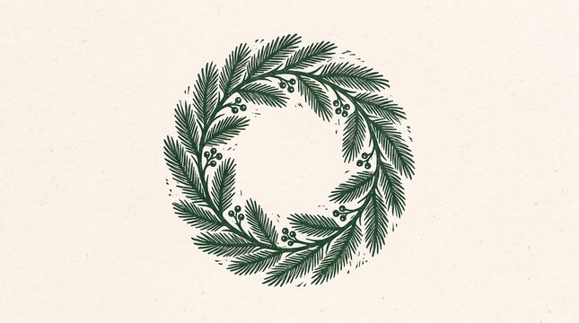 Handcrafted evergreen pine wreath linocut print on warm textured paper creating a rustic holiday frame