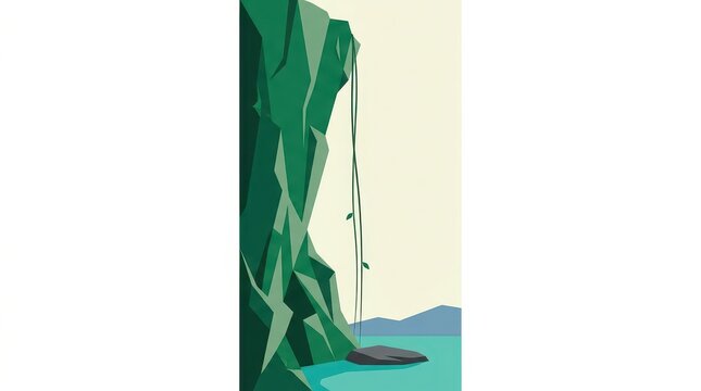 Geometric cliff face with hanging vines and coastal landscape vector illustration