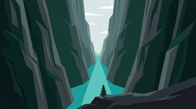 Mountain valley with river and pine tree flat vector illustration