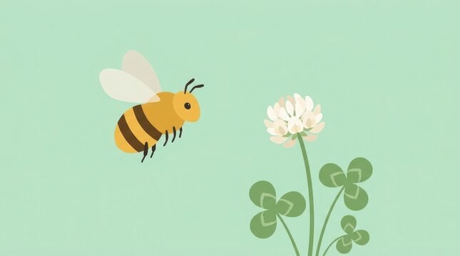 A yellow and black bee flies near a white clover flower vector illustration