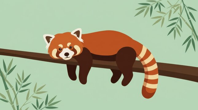 Red panda rests on a branch in a flat vector illustration