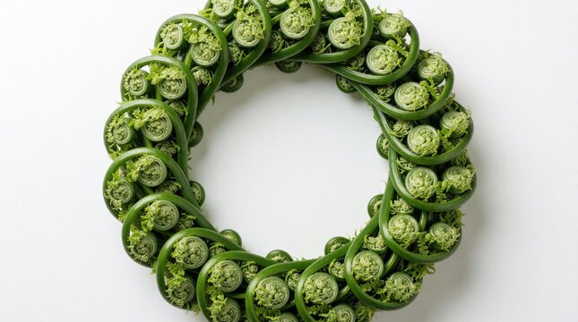 Green fern fiddleheads form round wreath shape on white background. Fresh organic plant sprouts arranged in circle pattern. Natural botanical element with spiral texture, spring forest vibes. Simple