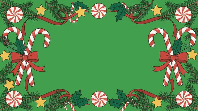 Hand drawn Christmas holiday frame animation with candy canes pine branches peppermint candies and festive ribbons loop on green background greeting card motion