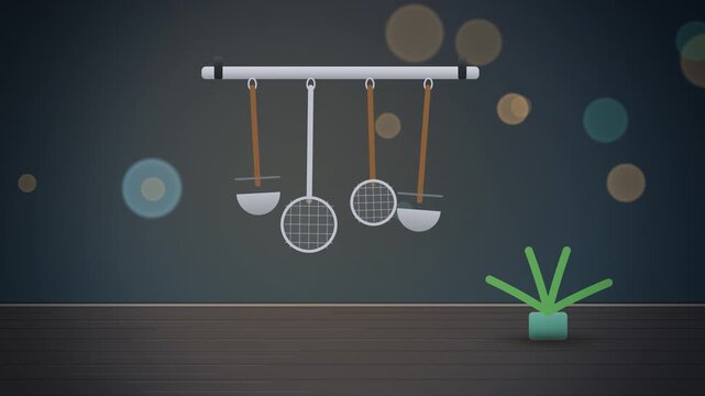 Kitchen ladle and strainers hanging on a rail close-up endless loop
