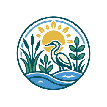 Minimalist Heron Bird Emblem in a Circular Wetland Landscape Design
