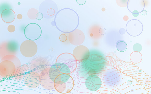 Abstract pastel circle and wavy lines graphic backdrop. Soft colorful bubbles float over wireframe digital terrain mesh. Minimalist modern wallpaper layout.