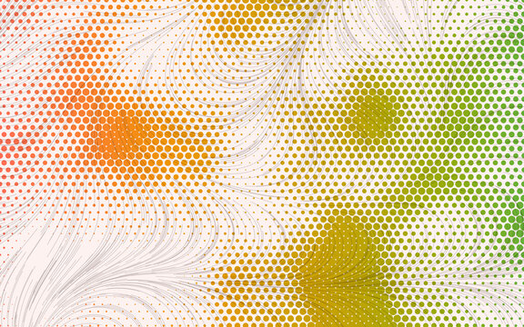 Abstract halftone dot wave background. Flowing curved lines blend with colorful orange, yellow, and green circular patterns. Dynamic modern digital print graphic.