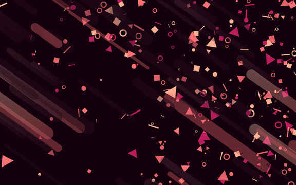 Abstract geometric pattern with diagonal motion. Falling confetti triangles and circles glow over dark burgundy stripes. Modern digital graphic background.