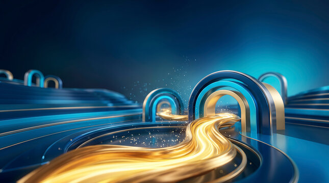 Strategic cash flow path with glowing gold wave passing through metallic arches