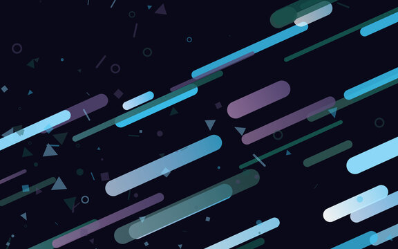 Abstract geometric motion background with dynamic stripes. Diagonal rounded lines blend with scattered blue and purple particles on dark space.