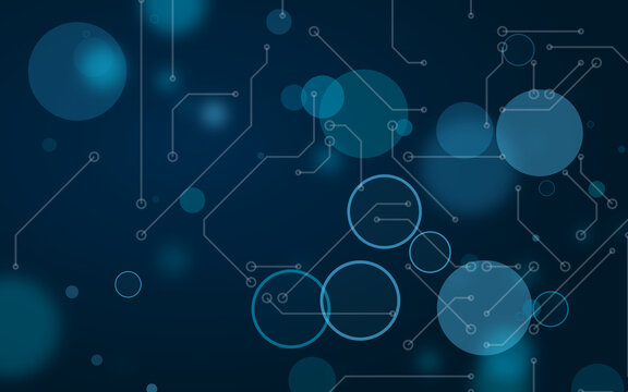 Abstract digital circuit board background. Glowing blue bokeh lights and connected microchip lines form modern network graphics. Futuristic cyber graphic design.