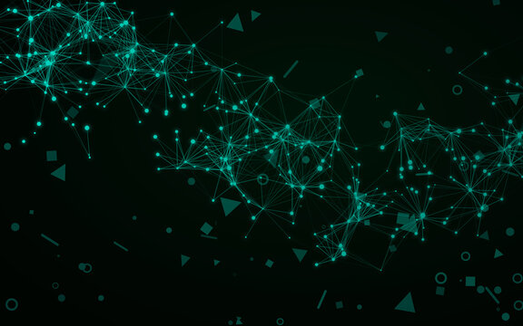 Abstract plexus digital network connection texture. Glowing cyan polygonal mesh with geometric shapes on dark surface. Futuristic cyber design template.