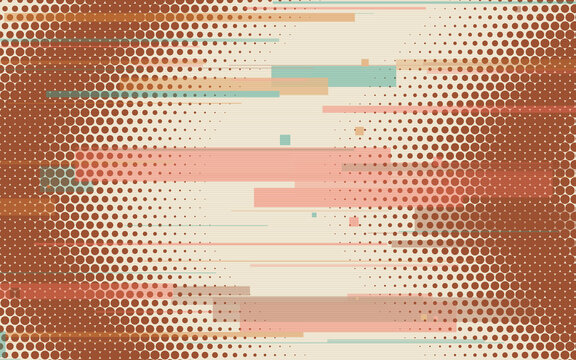 Abstract halftone glitch background with geometric shapes. Retro speed stripes blend with dot patterns and pixel noise. Vintage digital texture design.