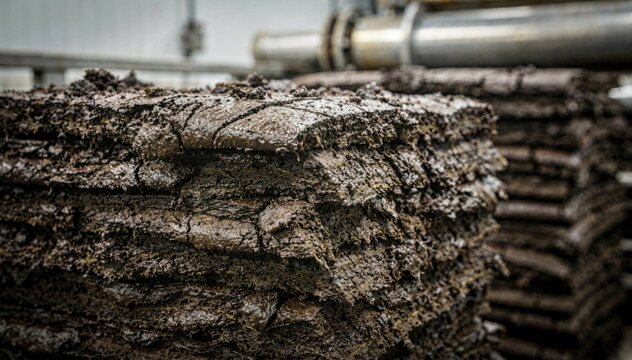 Stacks of dewatered sludge cakes beside a belt press, showing biosolids texture and volume at a sewage treatment facility.