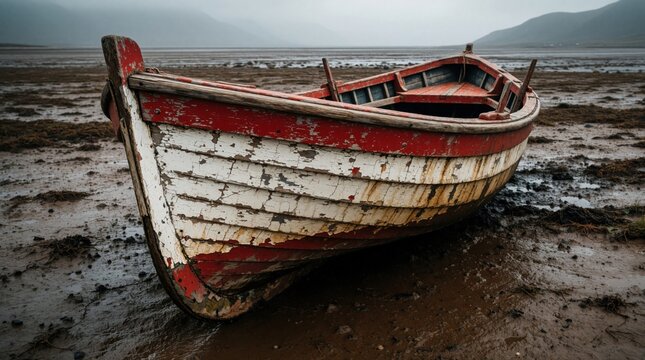 Old wooden rowboat rests on muddy ground at low tide. Red, white chipped paint on weathered dinghy shows decay. Abandoned fishing boat sits alone on dark shore near calm lake under overcast sky.