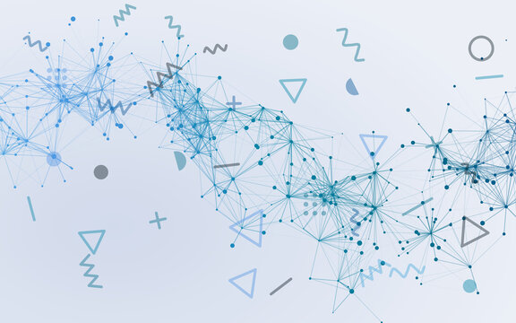 Abstract plexus digital network background. Interconnected blue dots and lines are paired with geometric shapes. Modern technological communication graphic design.