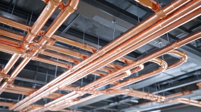 Copper wiring integrated into a commercial photovoltaic installation, supporting large scale solar electricity systems for business buildings.