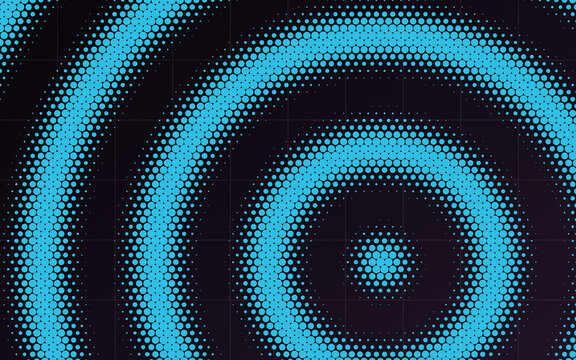Abstract halftone dot wave background texture. Concentric circular blue dots ripple across a dark surface with grid lines. Modern soundwave audio pulse graphic.