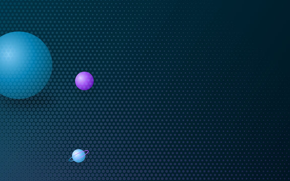 Abstract futuristic space background with planets. Dark blue halftone dot pattern with glowing cosmic spheres. Minimal digital science fiction graphic.