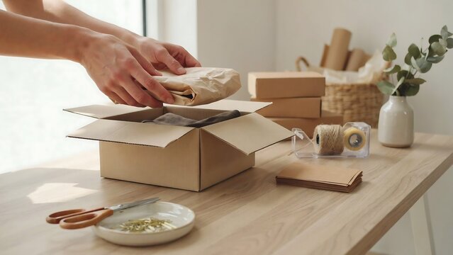 Person packing eco friendly clothing order in cardboard box, hands placing wrapped clothing into a brown cardboard box on a wooden desk
