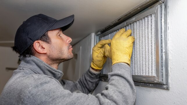Expert carefully places fine mesh filter on external air intake to safeguard internal areas from invasive species intrusion