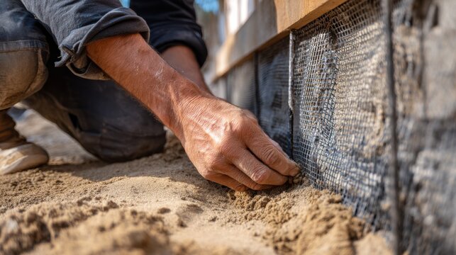 Pest control technician installs metal mesh and sand barriers to prevent termite entry into a residential foundation.