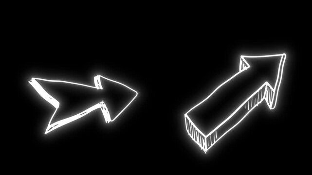 Animated white neon arrows flickering with glowing sketch lines on black background creating dynamic pointer direction motion graphics.
