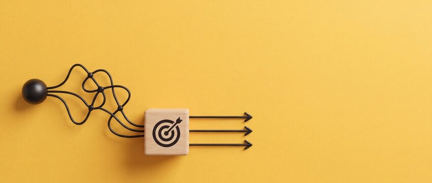 Conceptual 3D illustration of business process simplification showing tangled black lines transforming into straight arrows through a wooden target block on a yellow background with copy space