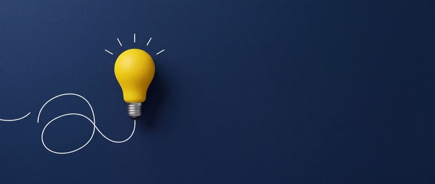 Creative Concept for Innovation and Brainstorming Featuring a Yellow Light Bulb Connected to a Path Line on a Navy Blue Background with Large Negative Space on the Right for Graphic Design