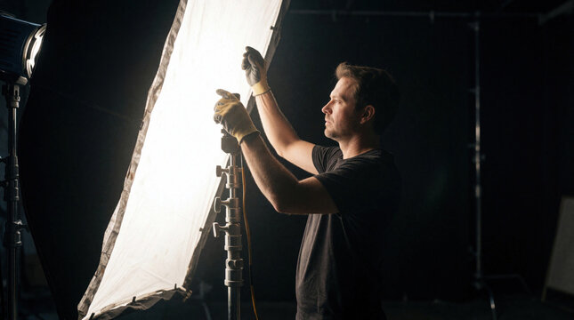 Pro gaffer adjusts large glowing softbox light in dark film studio. Technician wearing protective gloves sets up heavy cinema lighting equipment for production. Crew member works on movie set with