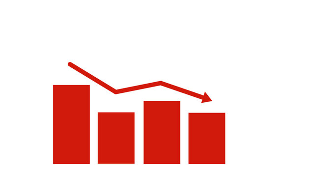 Red bar chart with downward trend arrow isolated on transparent background
