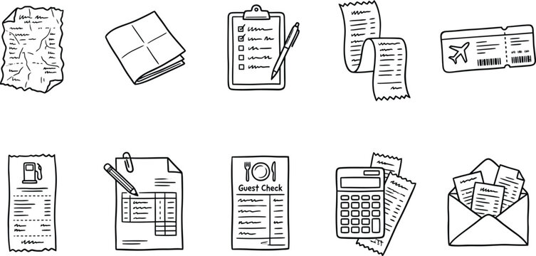 Financial paperwork and receipt doodle icons set featuring guest checks invoices clipboard documents and tickets for accounting business and personal record keeping.