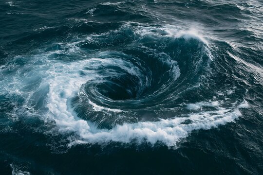 A swirling vortex of ocean water creating a dynamic whirlpool effect