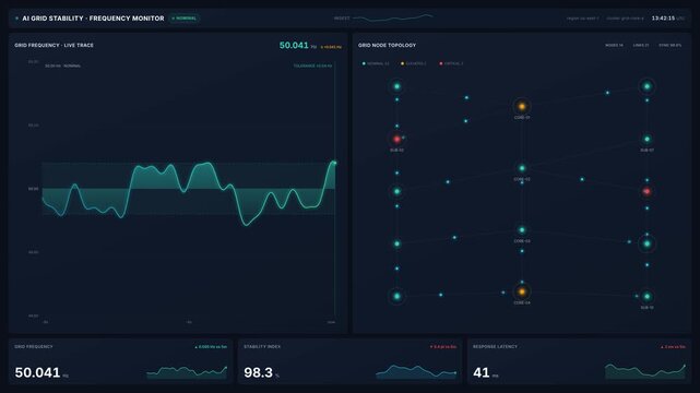 Ai grid stability frequency monitor dashboard with live power trace node topology, for smart energy management, real time analytics, 4k data visualization
