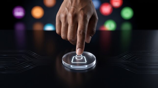 Hand pressing futuristic touch screen button with shopping bag icon, e-commerce payment interface, digital transaction concept, technology user interface