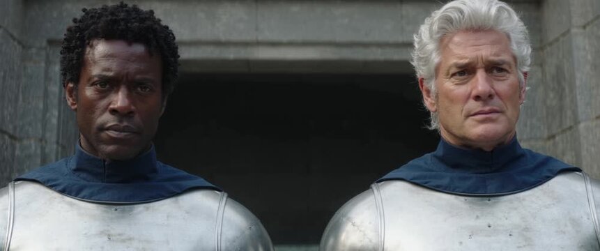 Two men in steel shoulder guards looking outward from old stone