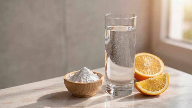 A glass of water, baking soda, and fresh orange slices on a marble table. This composition suggests natural health remedies and home wellness lifestyle.