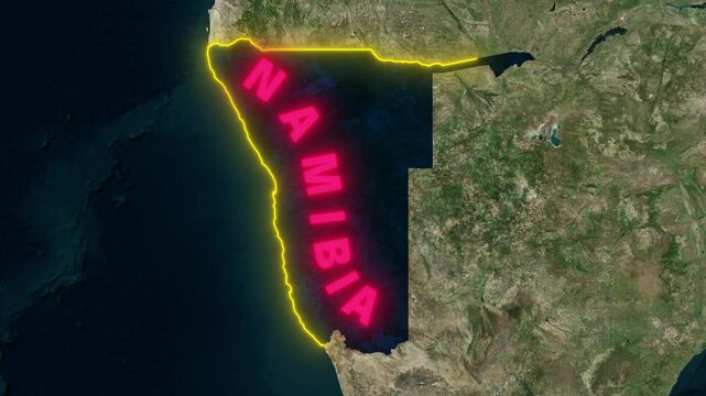 Namibia Country and Regions Map Zoom Animation with Glowing Neon Borders, Atlantic Ocean Label, and Rivers